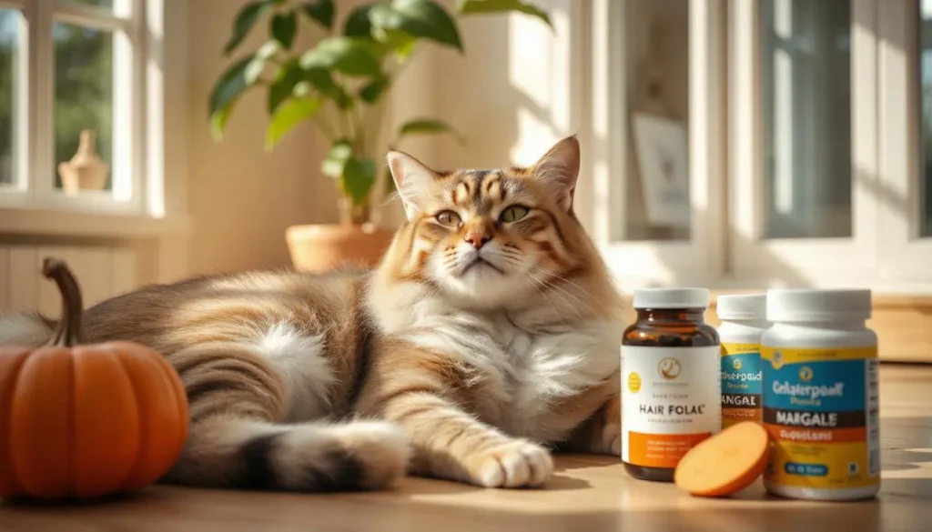 A healthy cat relaxing in a sunlit room, surrounded by natural hairball remedies like pumpkin and sweet potatoes.