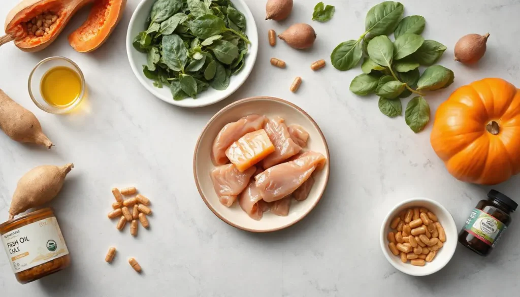 Ingredients for homemade cat food, including chicken, salmon, pumpkin, and supplements like taurine and fish oil, neatly displayed on a kitchen counter.