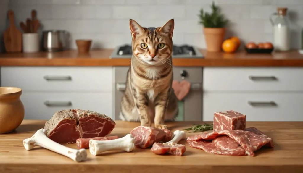 A healthy cat beside raw meat, organs, and small bones on a counter, emphasizing the cat raw food diet.