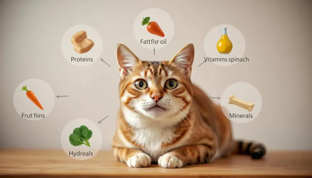 Top 6 Vet-Approved Homemade Wet Cat Food Recipes for Digestion 3 A diagram of essential nutrients for cats, including proteins, fats, and vitamins.