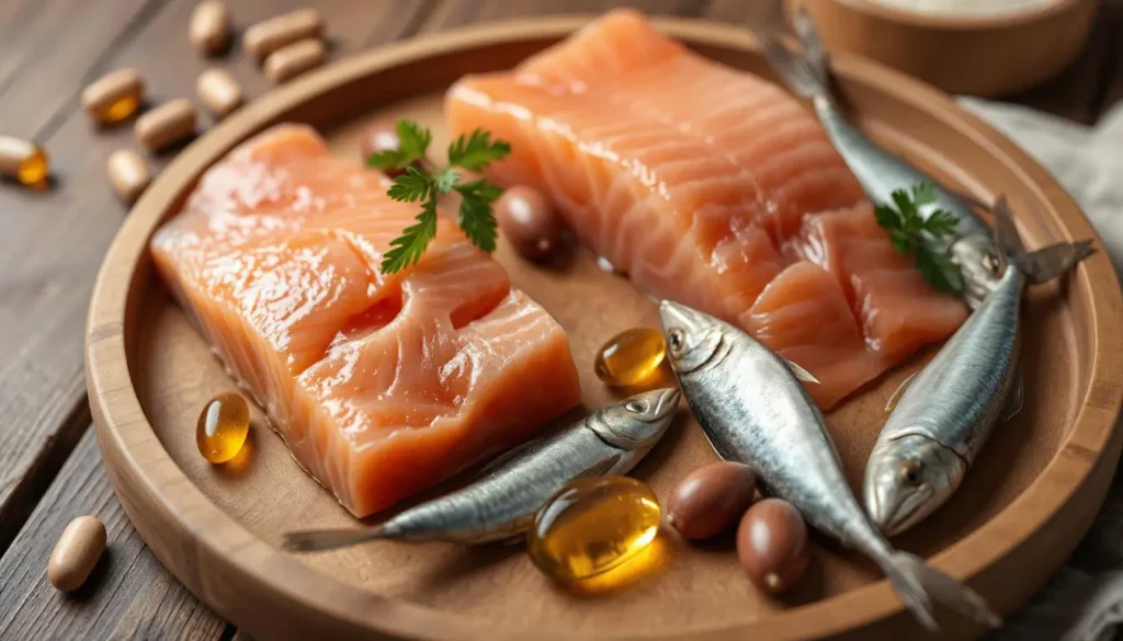 A wooden plate with fresh salmon and sardines, surrounded by supplements like taurine and fish oil.