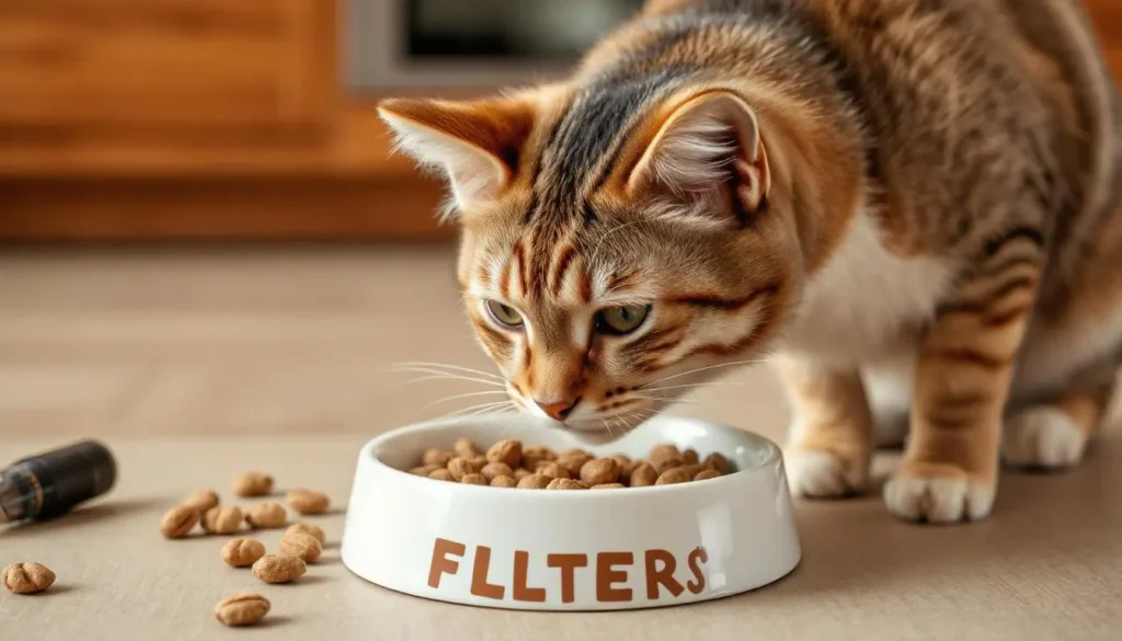 A close-up of a cat sniffing a bowl of food, with labels like 'protein-rich' and 'fillers' floating above the food.