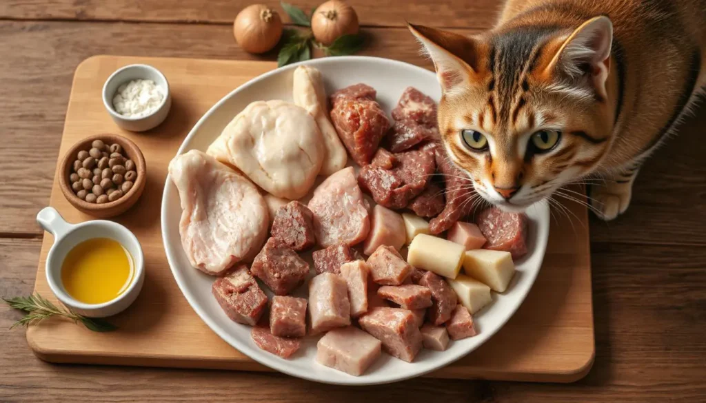 A plate of raw chicken, turkey, and organ meats with a small dish of fish oil and supplements.