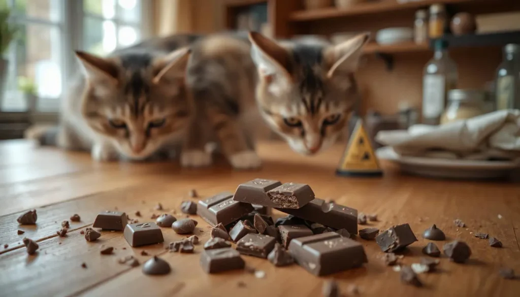 A curious cat sniffing at a broken bar of dark chocolate on a wooden table, with a caution icon visible.