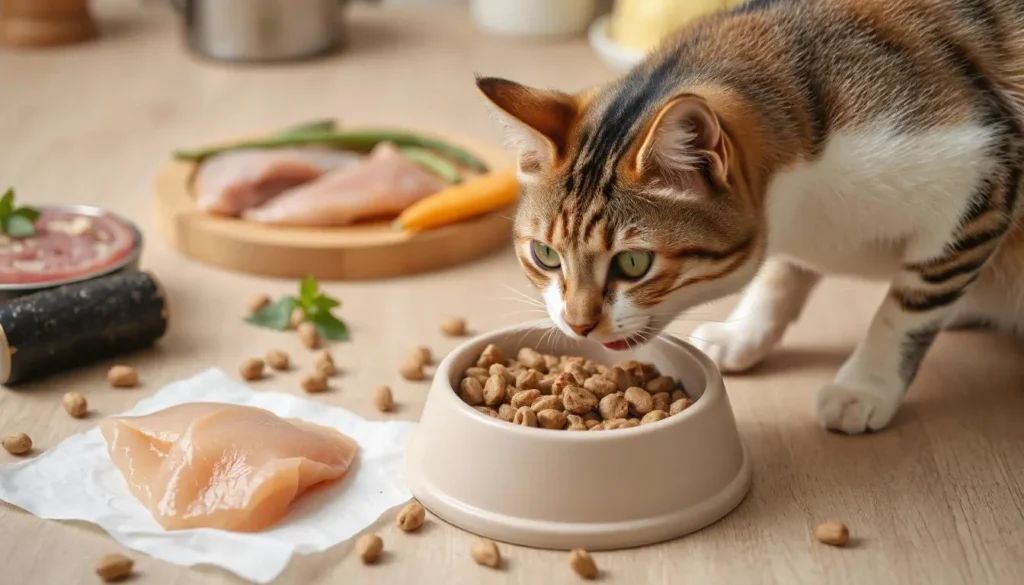 Close-up of homemade cat food in a bowl with ingredients around it