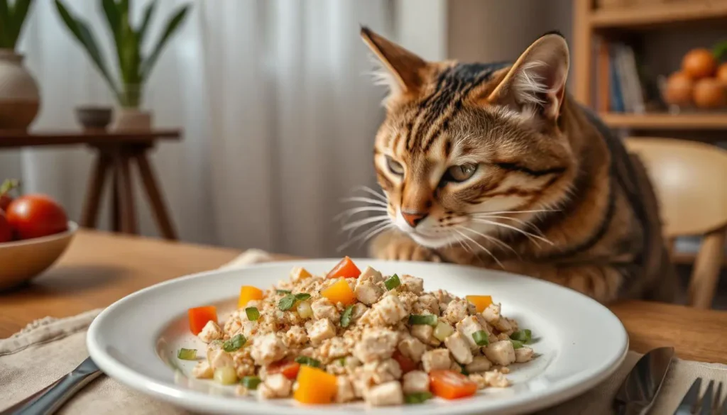 Close-up of homemade chicken-based cat food in a bowl with vegetables.