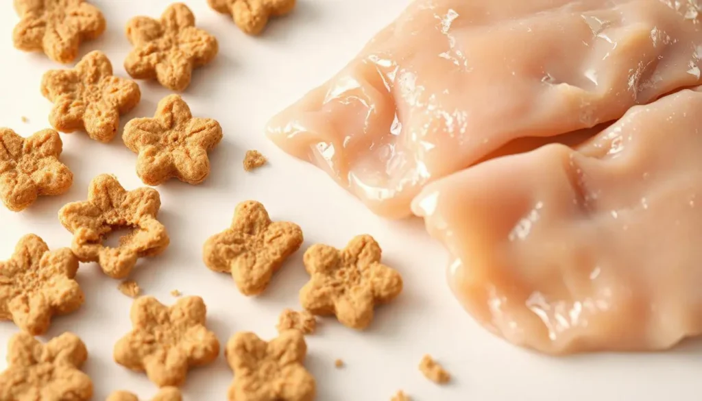 Close-up shot of freeze-dried chicken cat treats, showing their crunchy texture next to raw chicken.