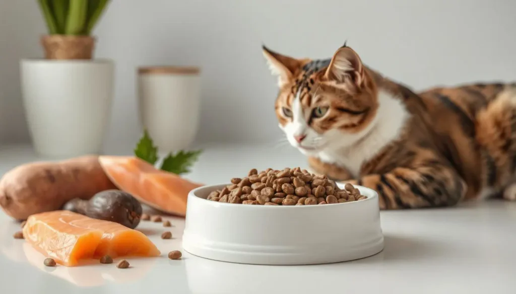 A bowl of premium cat food labeled 'Best Cat Food for Sensitive Stomachs,' surrounded by salmon, chicken, and sweet potatoes.