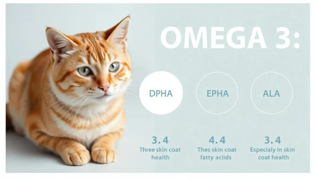 Infographic showing the three main types of Omega 3 fatty acids—EPA, DHA, and ALA—along with their benefits for cats.