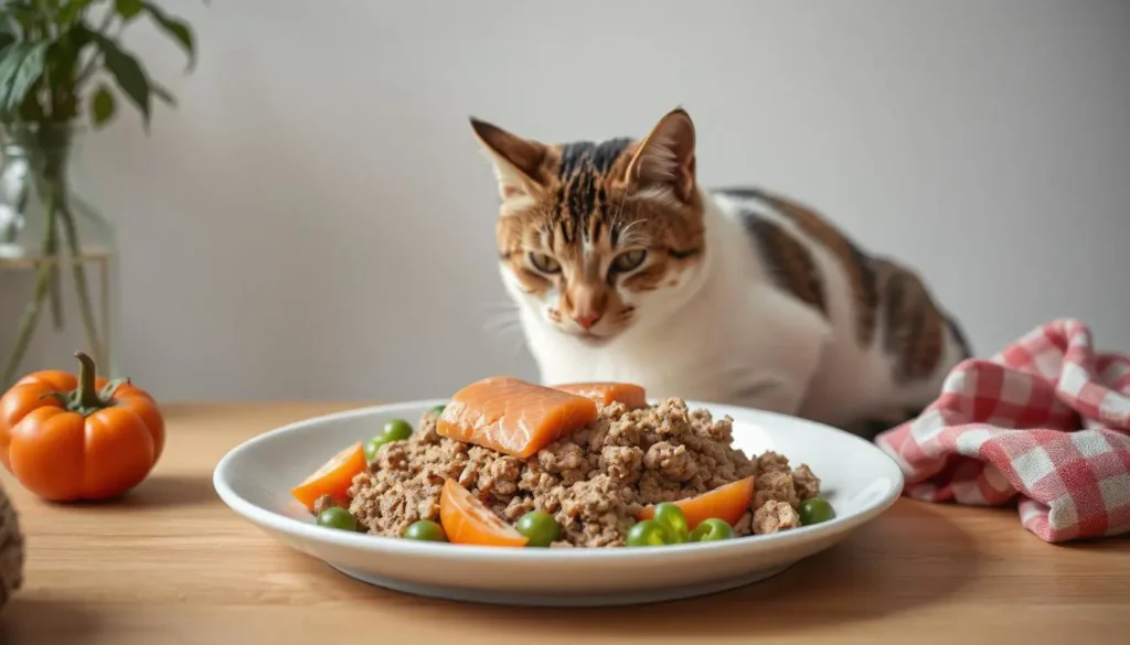 A bowl filled with raw food for cats, made from ground meat, fish, and vegetables