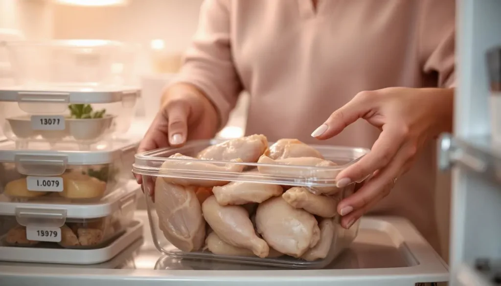 Hands placing cooked chicken into an airtight container next to an open fridge.