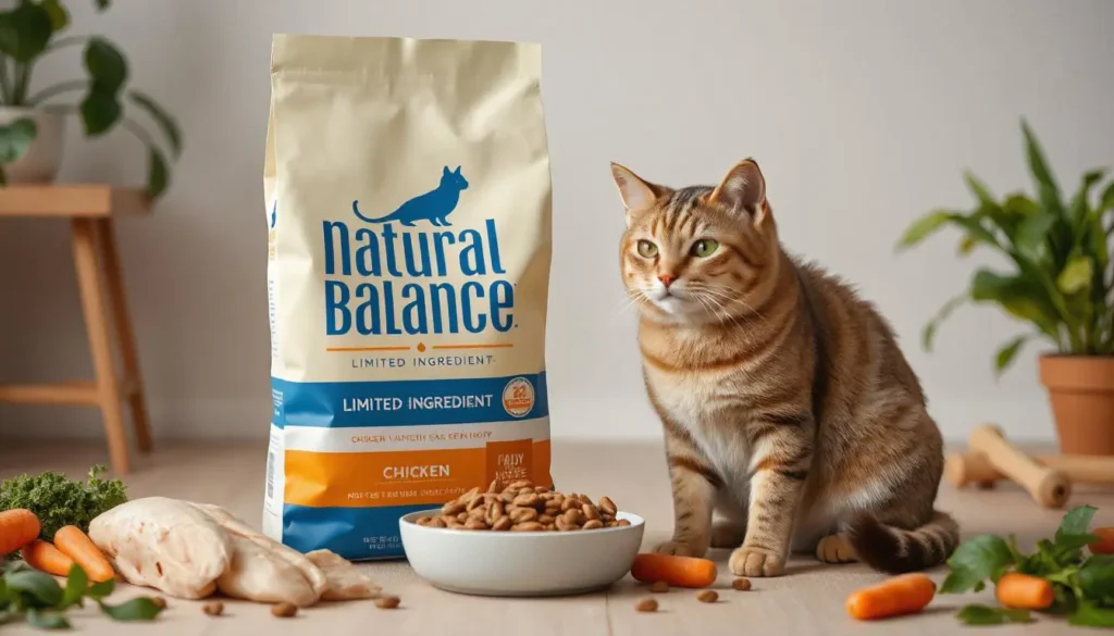 A bag of Natural Balance Limited Ingredient Cat Food surrounded by chicken, carrots, and sweet potatoes, with a healthy cat nearby.