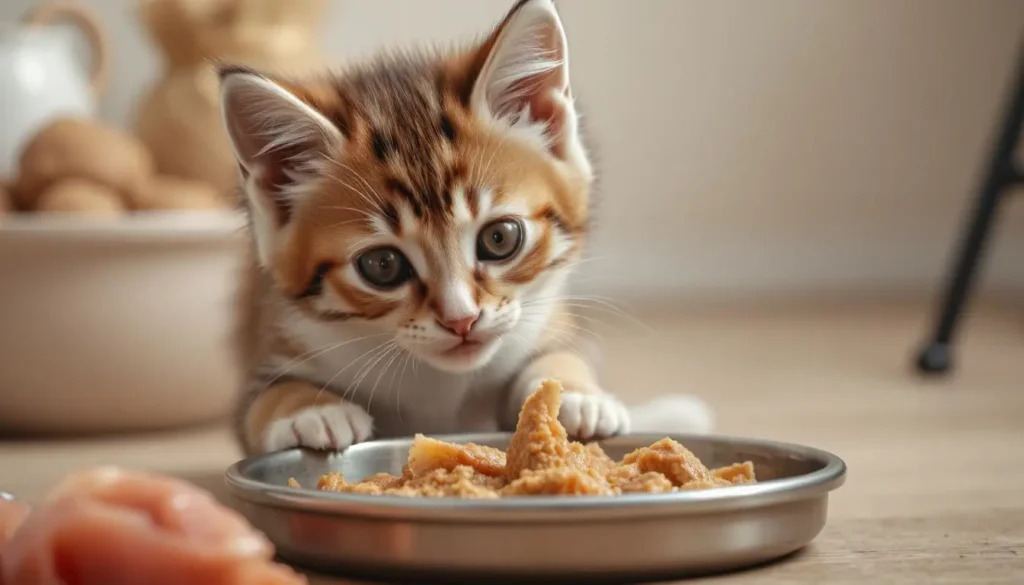 A kitten with a glossy coat enjoying raw food, with ingredients like chicken, turkey, and fish.