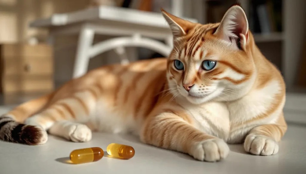 A cat with a shiny coat relaxing beside fish oil capsules and a fish illustration.