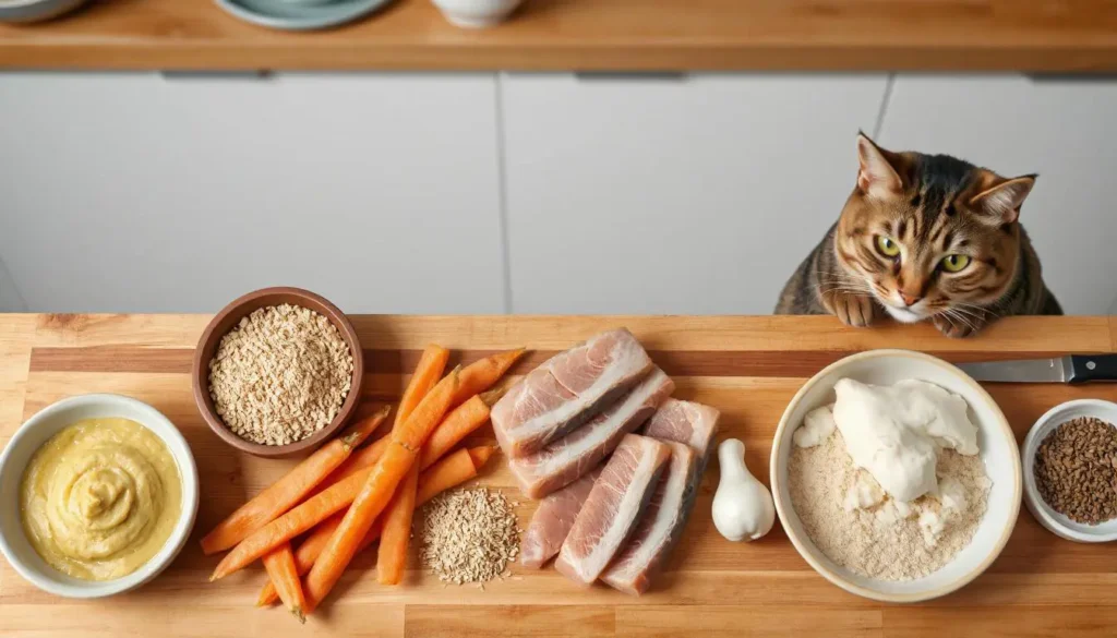 Fresh ingredients for homemade cat food, including chicken, salmon, flaxseed, and vegetables, neatly arranged on a kitchen counter.