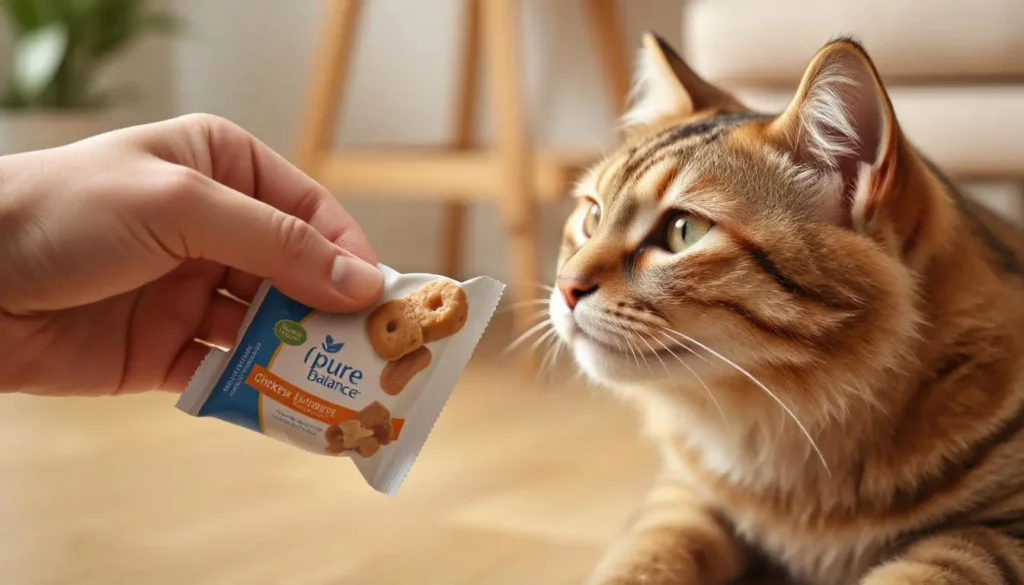 A hand offering a neatly packaged Pure Balance cat treat to an eager, well-groomed cat.