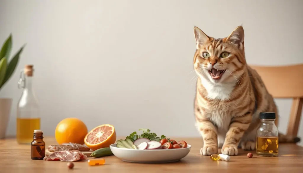 Visual representation of key nutrients for cats, including protein, omega-3, and vitamins.