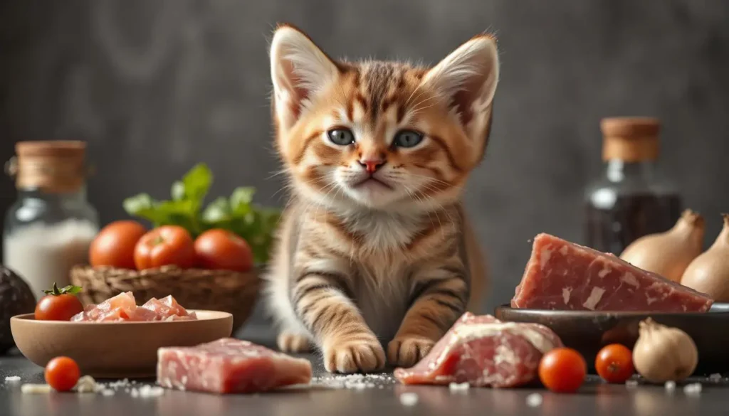 Playful kitten with a glowing coat, surrounded by raw meats and healthy foods.