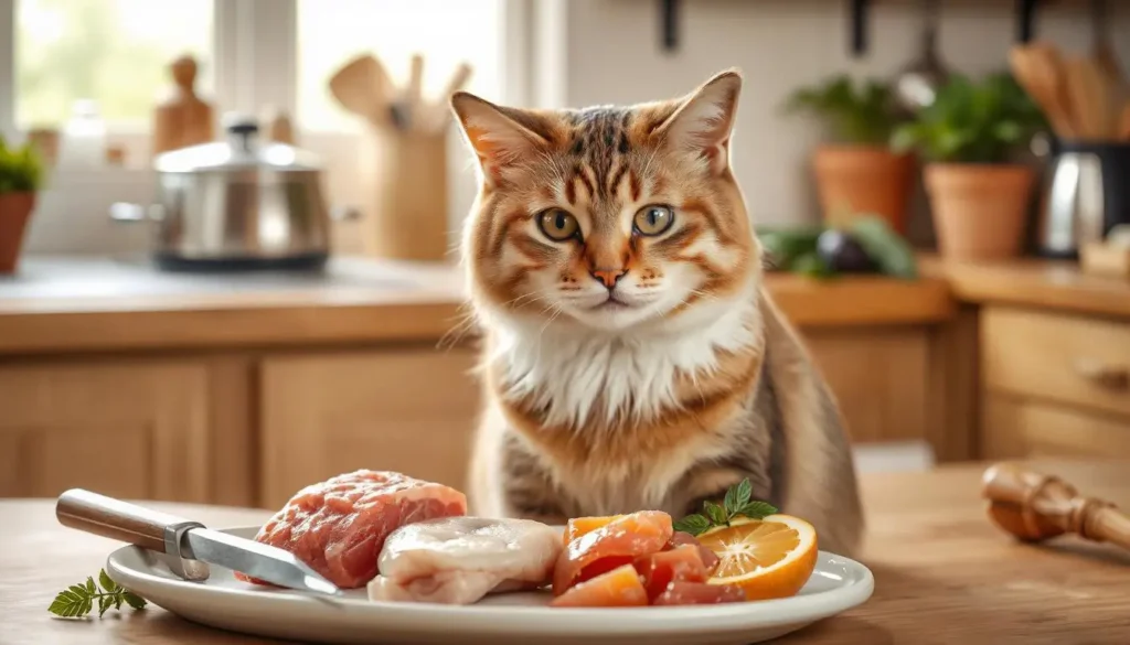 A healthy, shiny-coated cat next to a platter of raw chicken, beef, and fish in a cozy kitchen.