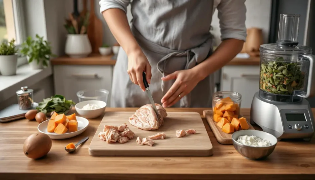 A kitchen scene with tools for making cat food, including a digital scale, thermometer, and fresh ingredients like chicken and spinach.