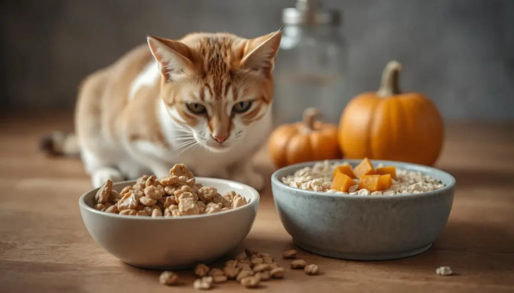 A bowl of easily digestible cat food next to fresh ingredients like boiled chicken, oatmeal, and pumpkin