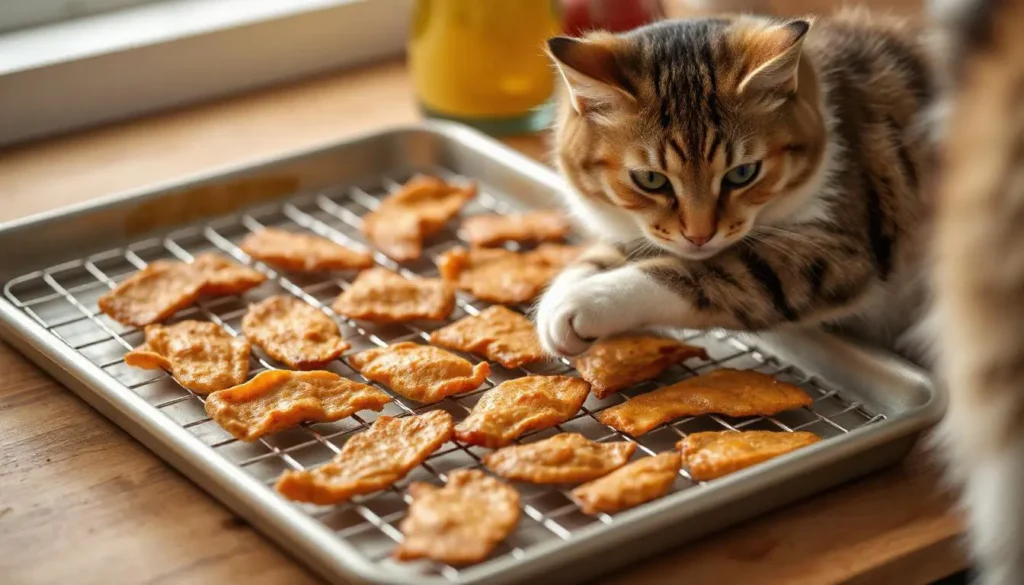 A tray of freshly baked chicken jerky strips cooling on a wire rack, with a playful cat paw reaching for them.