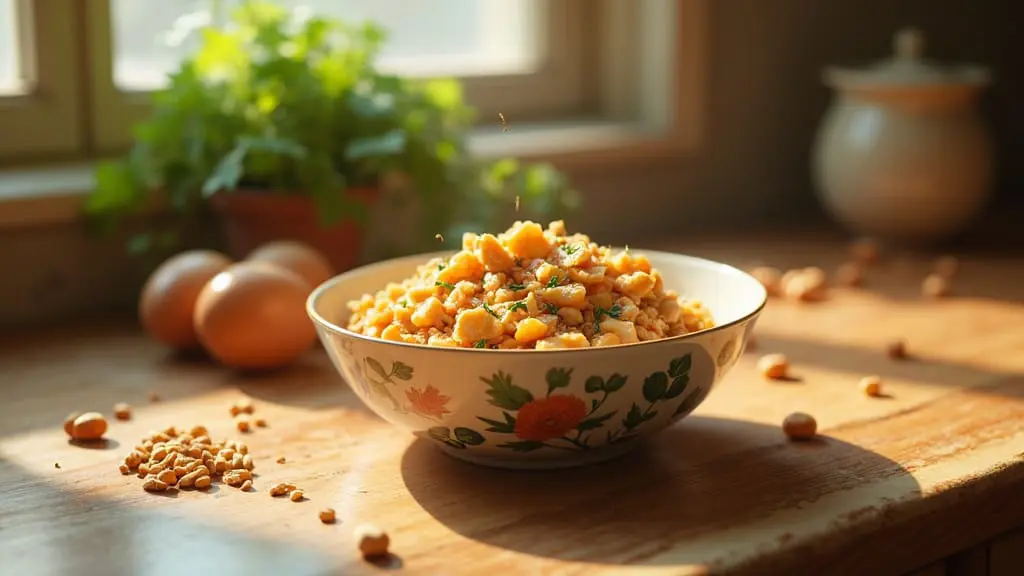 A bowl of high protein cat food made with chicken and liver, perfect for active cats