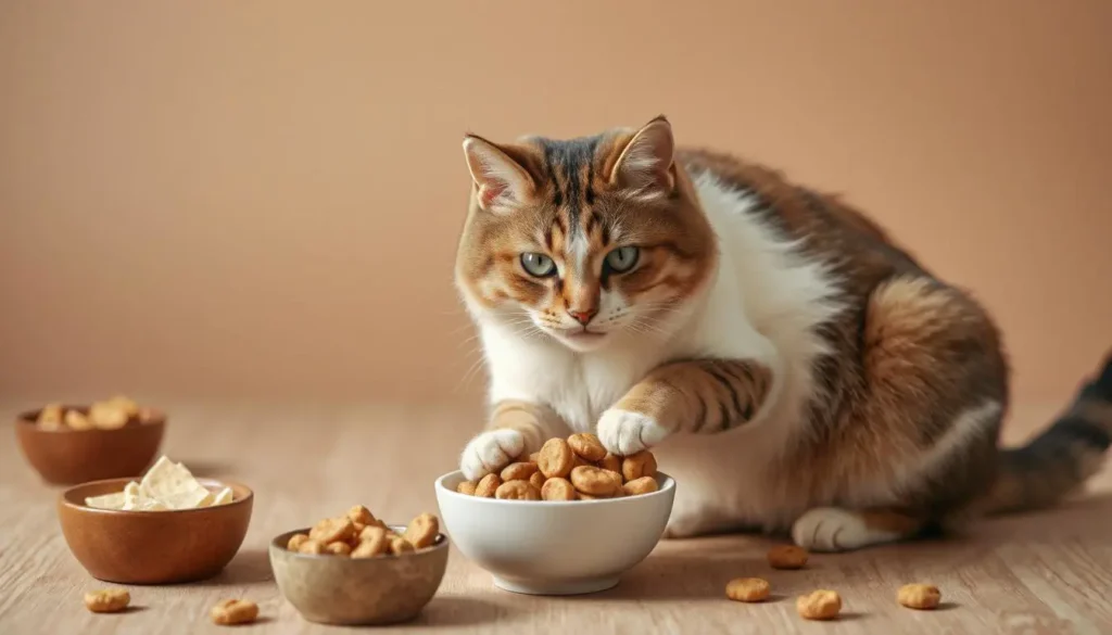 A cat pawing at a bowl of different flavored cat treats with chicken, fish, and herbs.