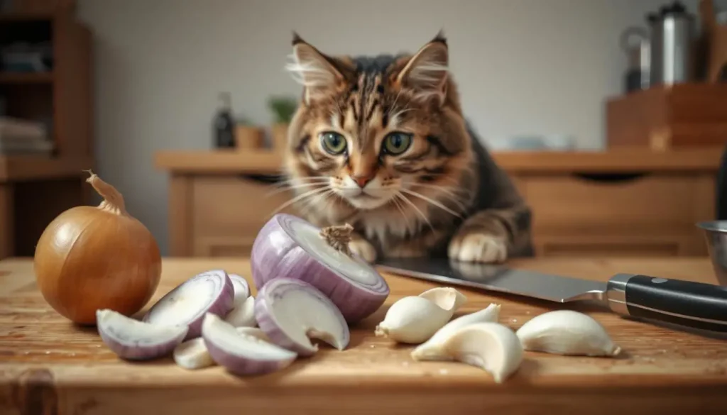 A cutting board with sliced onions and garlic, with a cat in the background appearing interested and a warning label in the frame.