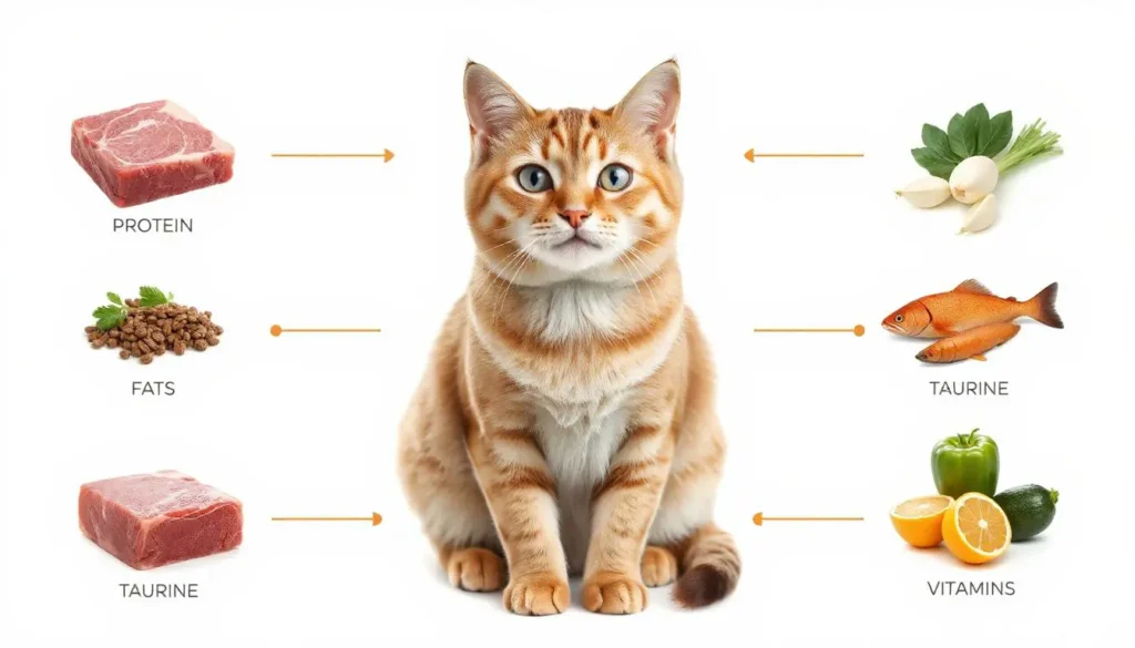 Diagram explaining essential nutrients in a recipe for homemade cat food, including protein, fats, taurine, and vitamins, with fresh ingredients like chicken and fish.