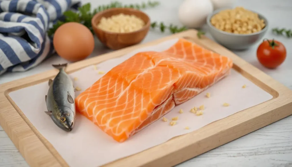 Fresh salmon fillet surrounded by sardines, quinoa, and eggs for homemade cat food.