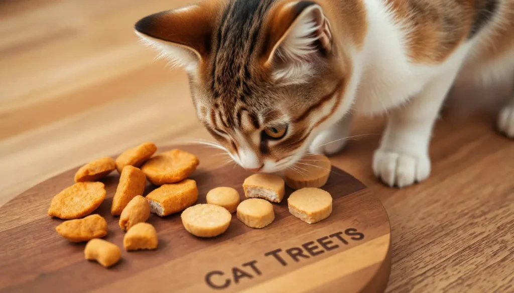 A close-up of tuna bites, chicken liver crisps, and pumpkin nuggets arranged on a wooden board, with a playful cat sniffing the treats.