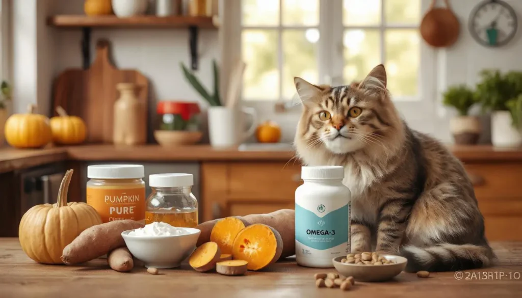 Natural ingredients like pumpkin and sweet potatoes next to a curious cat, emphasizing healthy options.