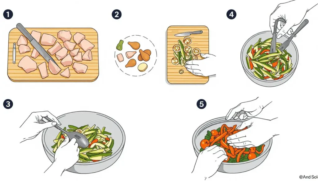 A clean cutting board with cooked chicken being chopped into small pieces, alongside trimmed vegetables.