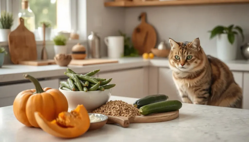 Cat-safe ingredients like pumpkin, green beans, and zucchini on a clean kitchen counter, with a curious cat watching.