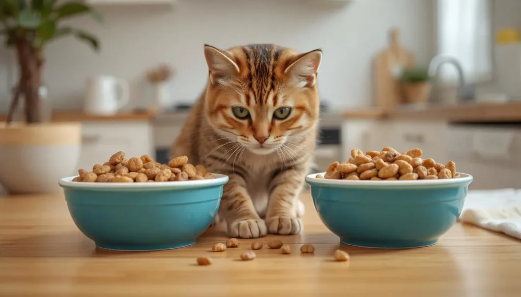 Two bowls blending old and wet cat food over time, with a curious cat looking on.