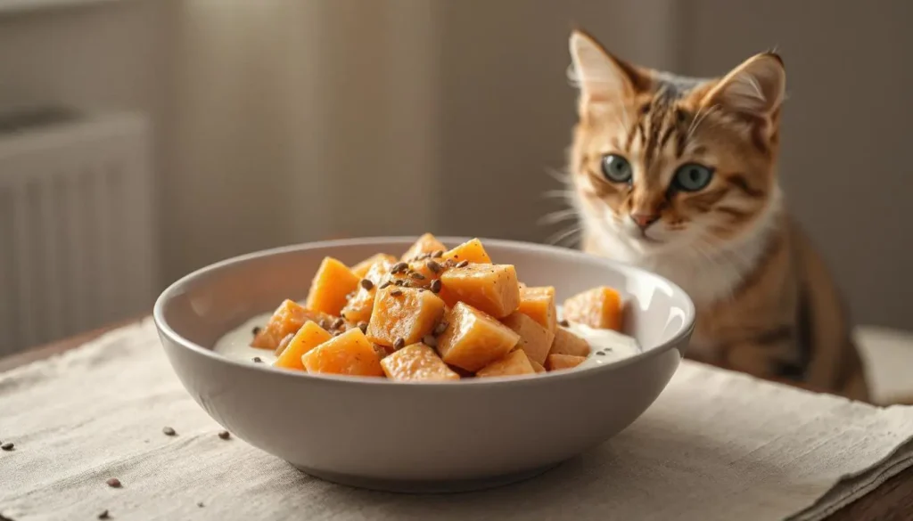 A bowl of flaked salmon mixed with pumpkin, yogurt, and flaxseed, ready to serve to a cat.