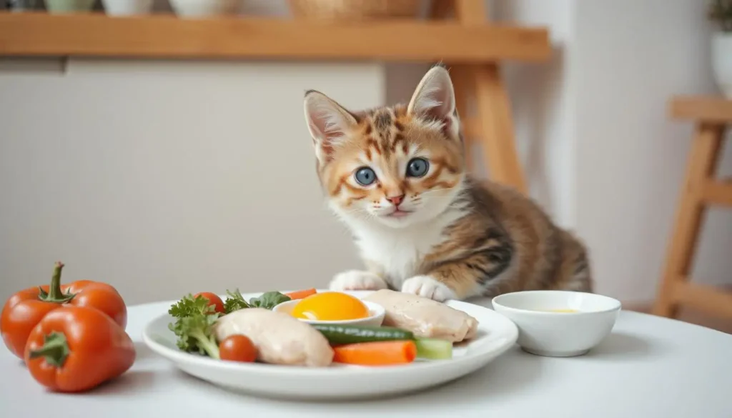 A playful kitten sitting next to a plate of homemade food, filled with chicken, vegetables, and egg yolk.