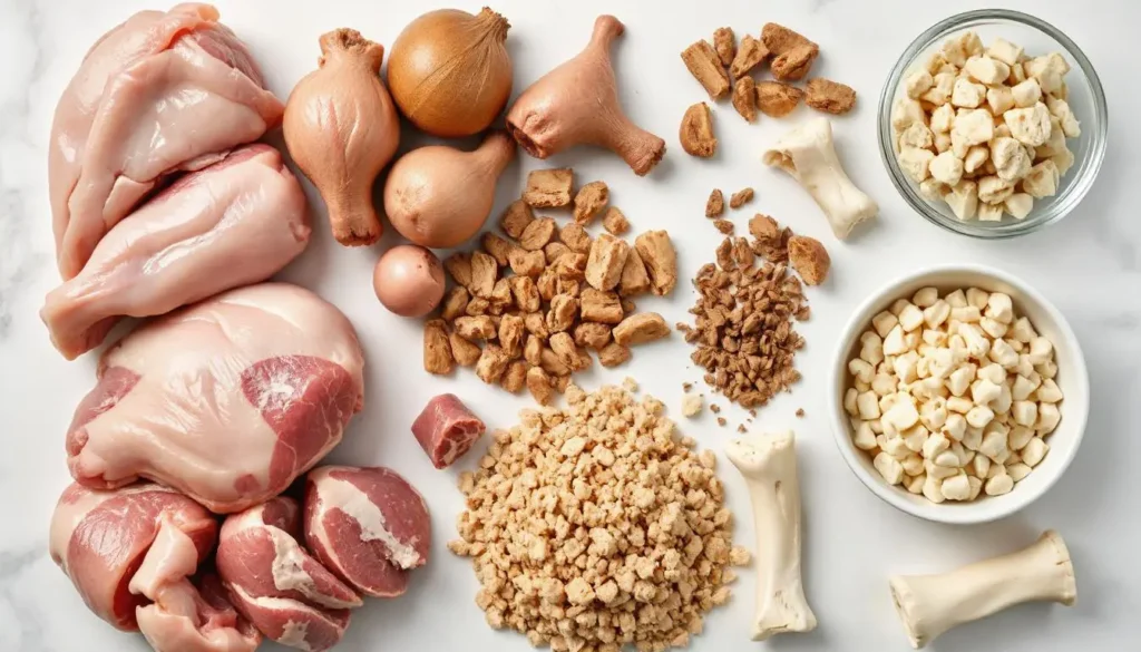 Close-up of various raw ingredients like chicken, liver, and bones arranged on a clean surface.