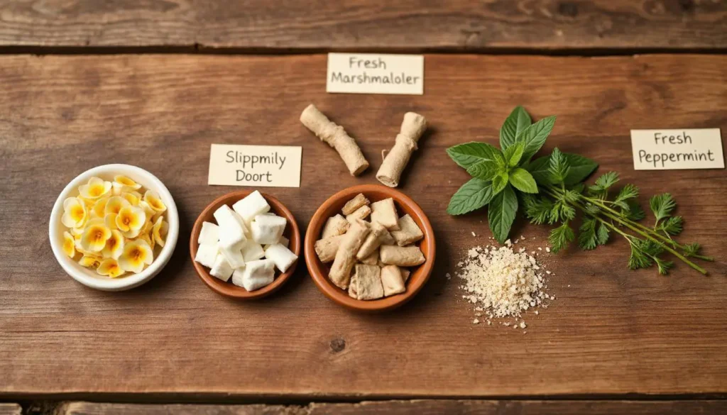  Fresh chamomile, dill, peppermint leaves, marshmallow root, and slippery elm powder neatly arranged on a rustic wooden table.