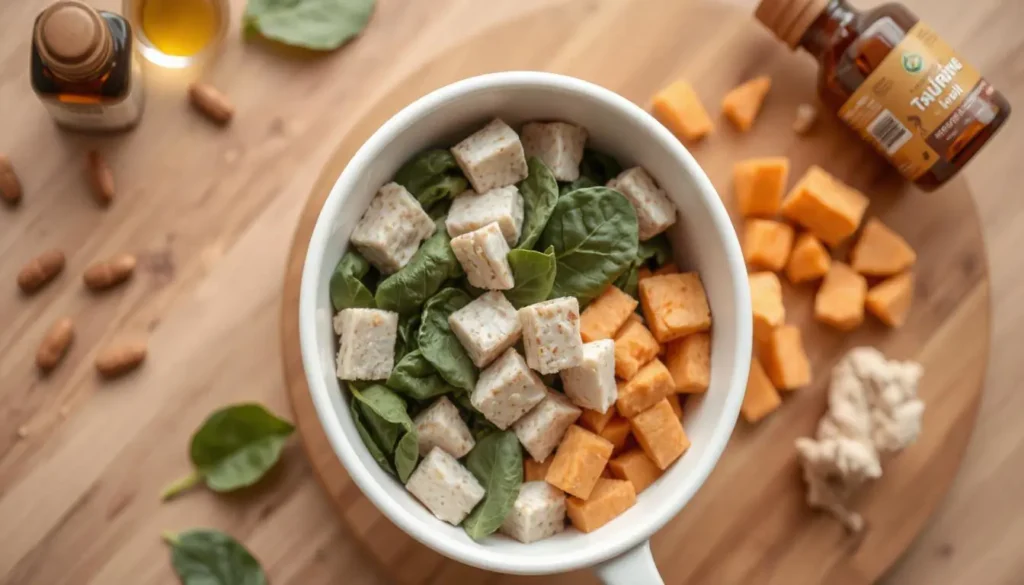 A white ceramic bowl with freshly prepared chicken, mashed sweet potatoes, and spinach, alongside fish oil and taurine supplements.