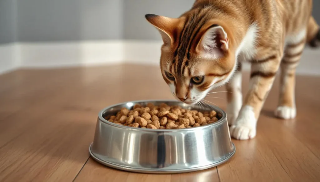 A bowl with a mix of kibble and raw food beside a curious cat.