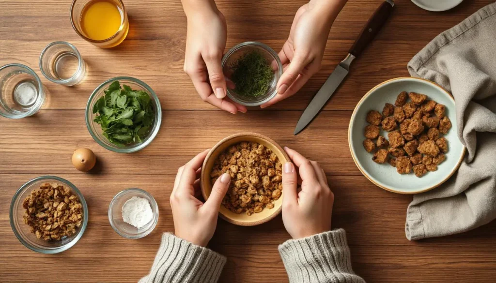 Hands preparing herbal teas and mixing slippery elm powder with wet cat food, surrounded by small bowls of fresh herbs.