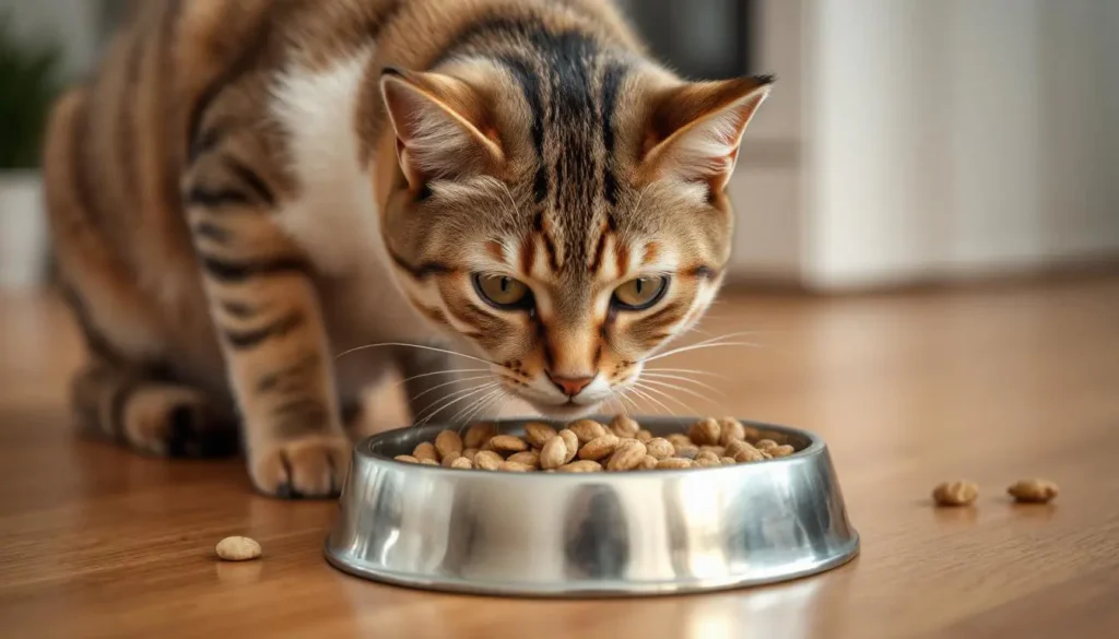 A cat sniffing a bowl with a mixture of old and new food, representing the gradual transition.