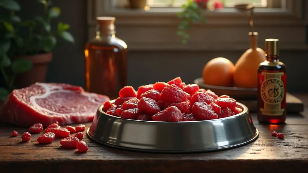 A bowl of beef and organ meat cat food with raw ingredients nearby."
A bowl of beef and organ meat cat food with raw ingredients nearby.