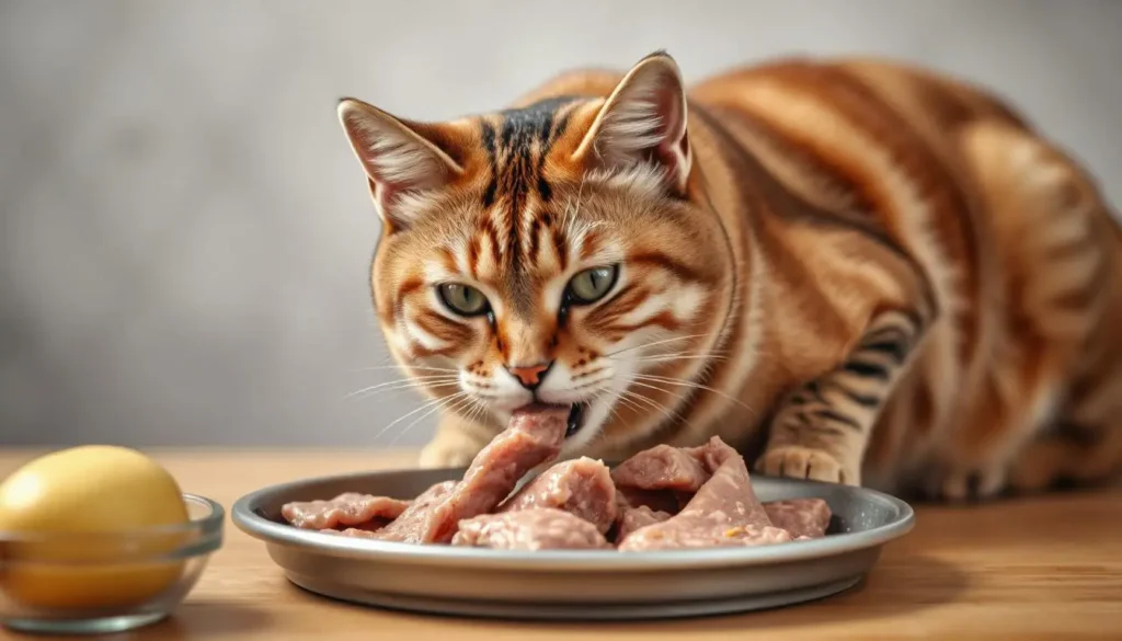 A cat eating a raw meal made of only chicken and organ meats, with no vegetables or grains in sight.
