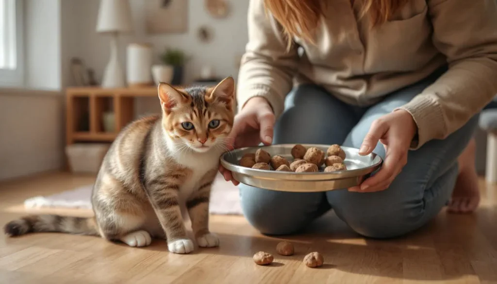 A person sharing homemade cat treats with their cat, strengthening the bond.