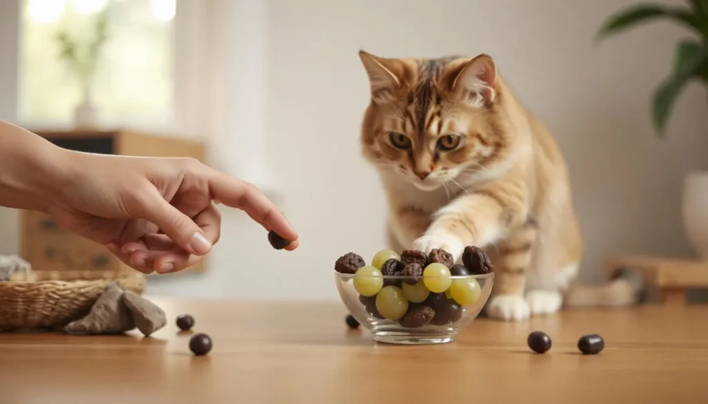 A cat reaching out to touch a small bowl of grapes and raisins on a table, with an alert symbol nearby.