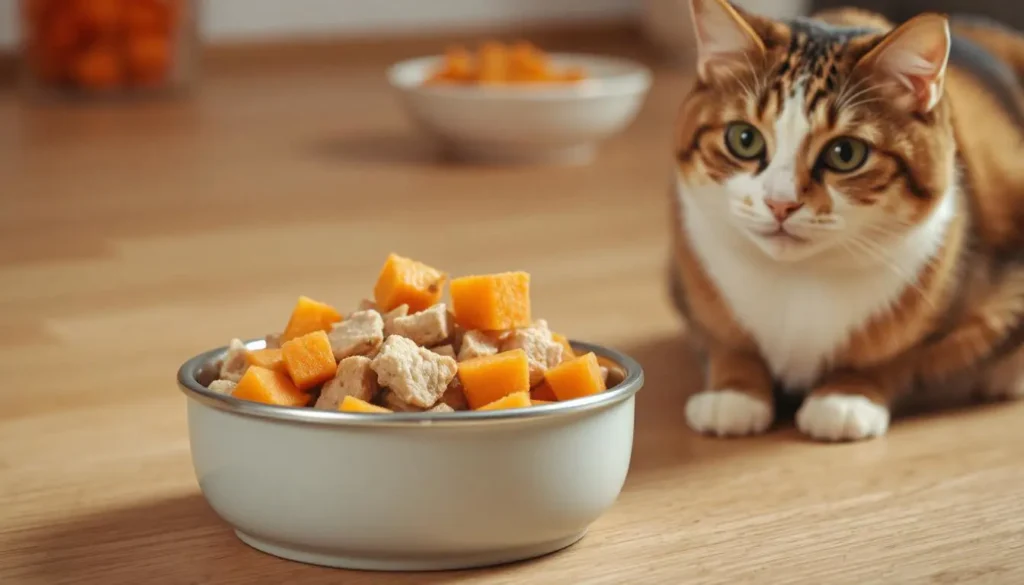 Bowl of turkey and sweet potato homemade cat food, with visible chunks of meat and vegetables.