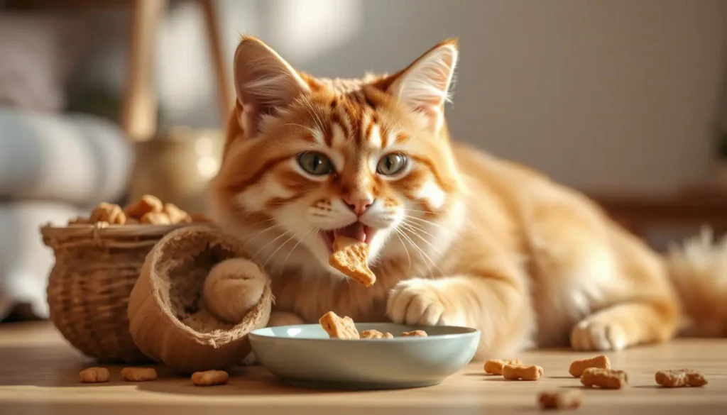 A cat enjoying a freeze dried chicken cat treat, with visual emphasis on its healthy features like protein and taurine.